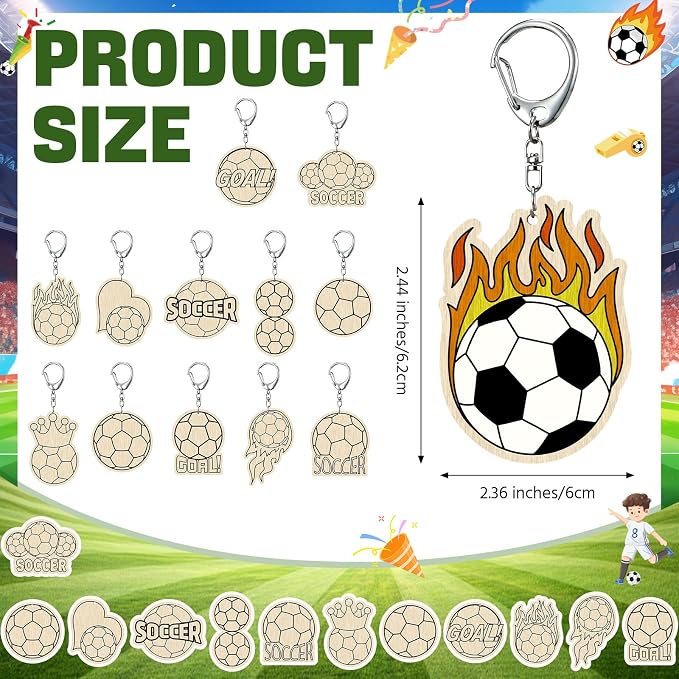 RattanView 24 Pcs Soccer Craft Color Your Own Keychains Diy Craft Wooden Blank