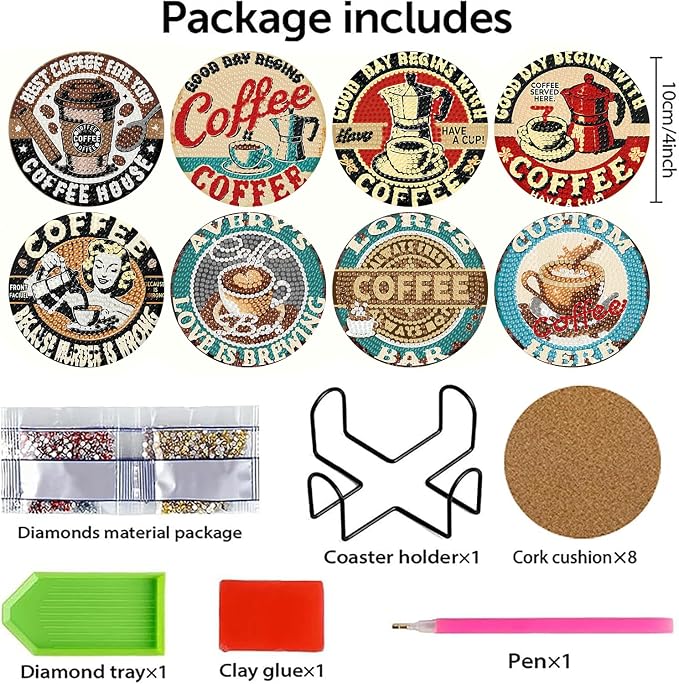 Benjenes 8 PCS Coffee Diamond Art Coasters Kits | Diamond Paintings Coasters