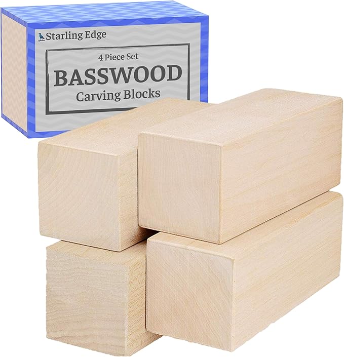 Basswood Carving Blocks 2 x 2 x 5 Inch, 4 Pack | Soft smooth paintable basswood