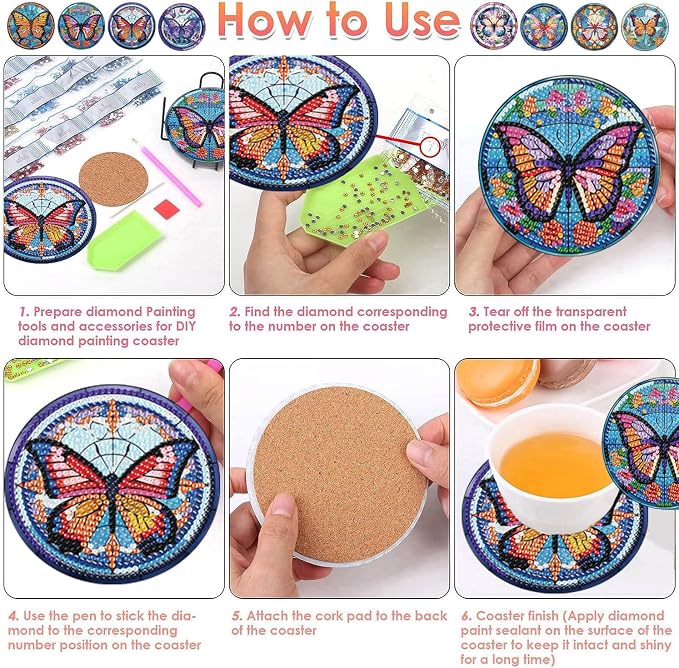ijbnhd 8 Pcs Butterfly Diamond Painting Coasters Kits
