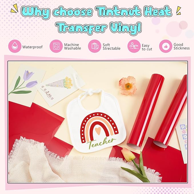 Tintnut Red Color Heat Transfer Vinyl, easy cut & weed, stretch washable
