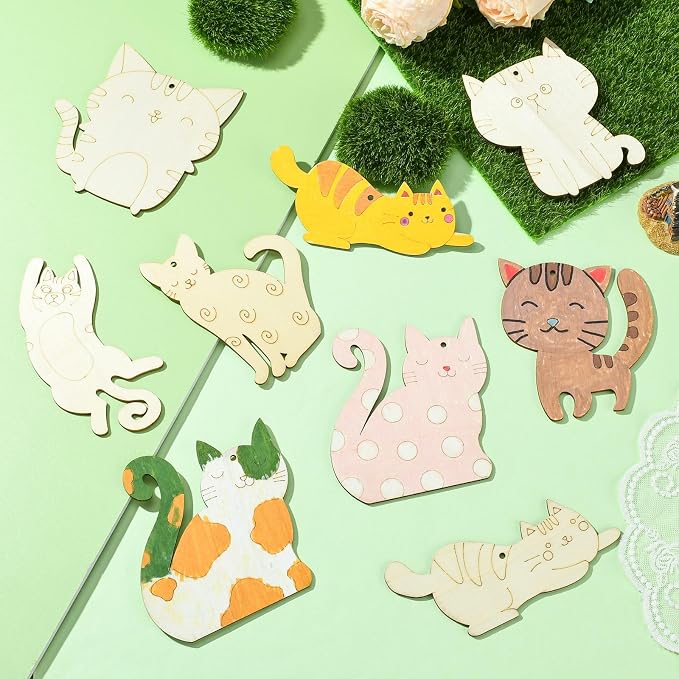 40 pcs Mixed Styles Lovely Cat Theme Unfinished Wood Cutout Charms Kitten Pet