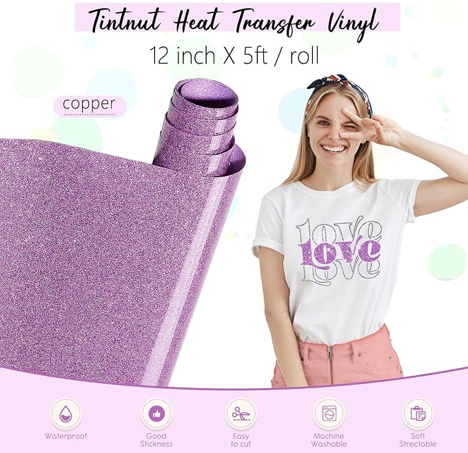 Tintnut Light Purple Glitter Heat Transfer Vinyl Roll, easy cut & weed