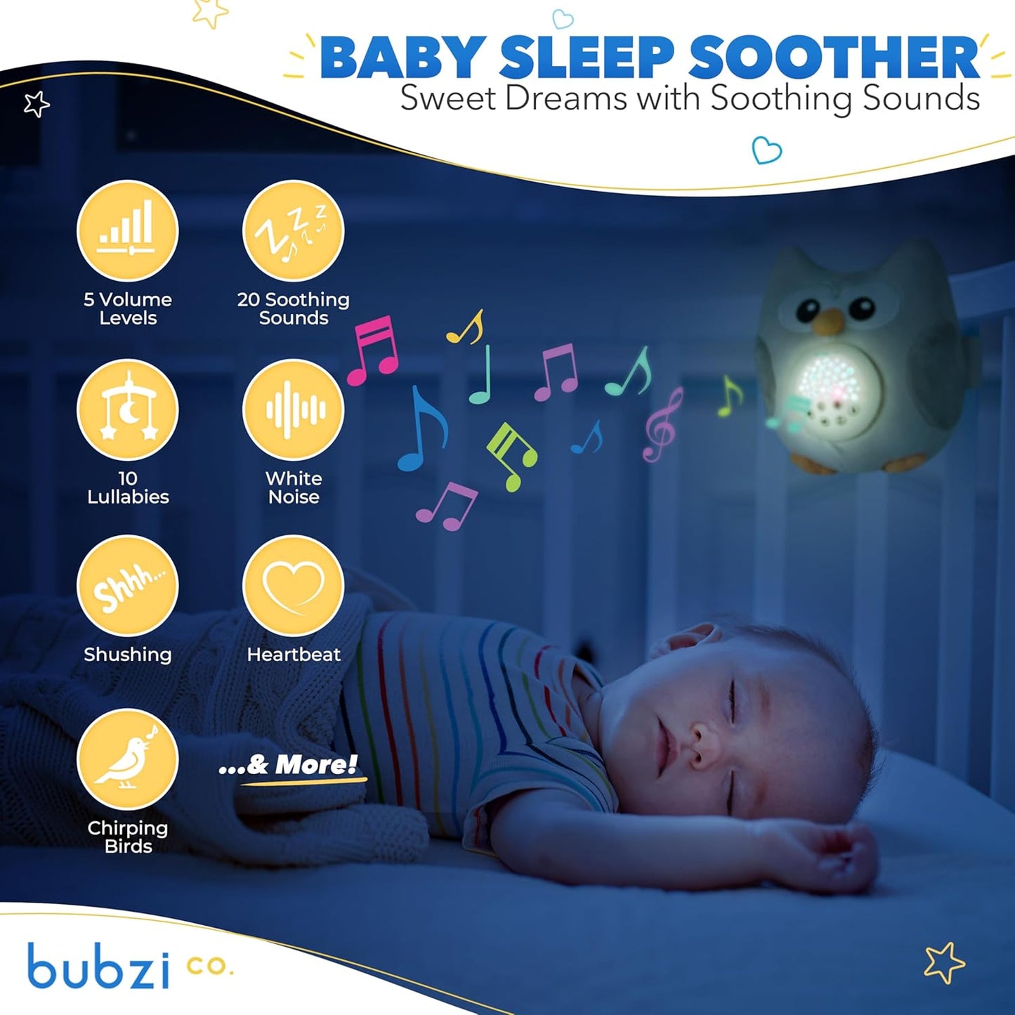 Bubzi Co Sound Machine, Portable Owl Soother & Night Light Projector, Comforting Electronic Infant Toddler Sleep Aid & Shush with White Noise