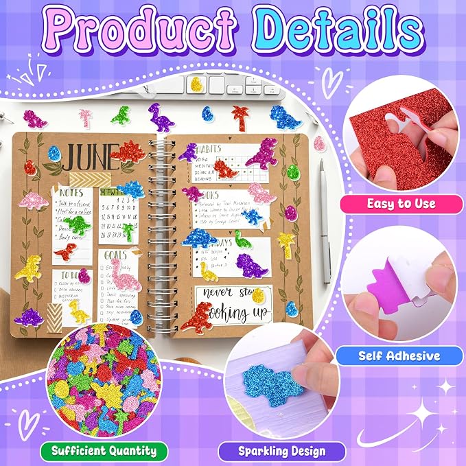 664PCS Glitter Foam Stickers, Colorful Dinosaur Stickers, Self-Adhesive Foam