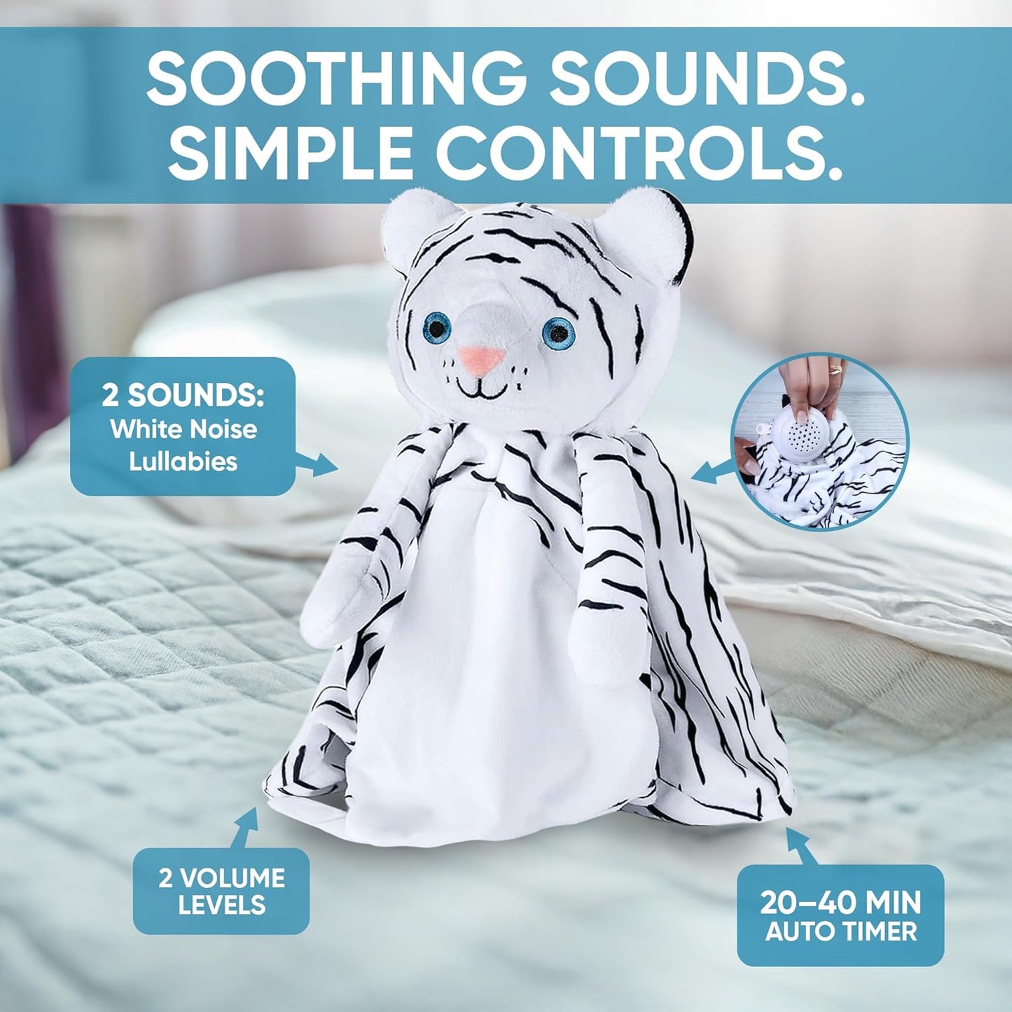 Love By Emi Sleep Soother White Noise with Heartbeat Tiger Plush & Lullaby, 4-in-1 Sound Machine, Security Blanket, Pacifier Holder, Baby Gift Registry Essential for Newborns, Infants & Toddler