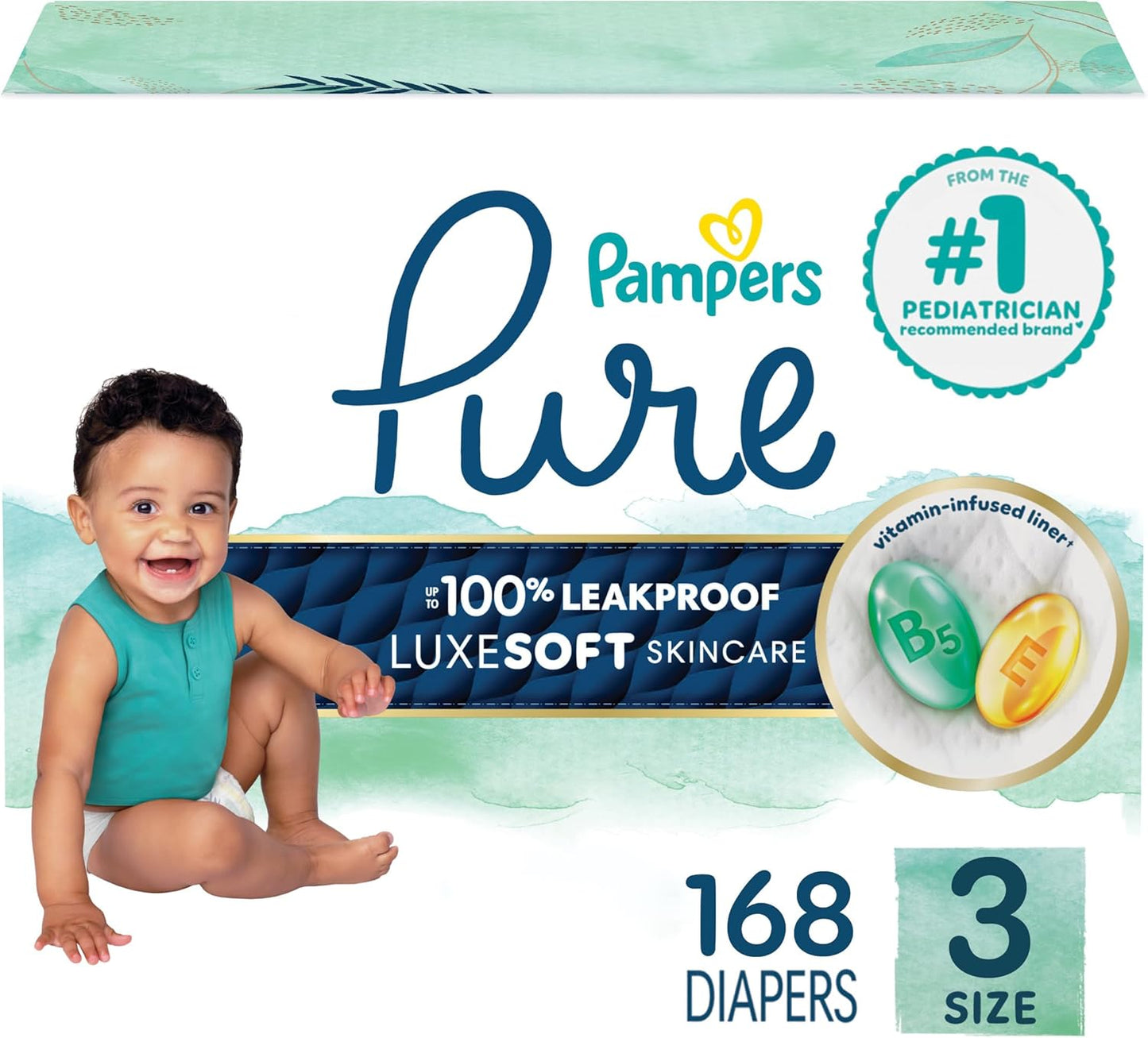 Pampers Pure Protection Baby Diapers, Size 3 (16-28 lbs), 168 Count, Up to 100% Leakproof, Premium Plant-Based Skin Protection, Hypoallergenic Soft Diapers