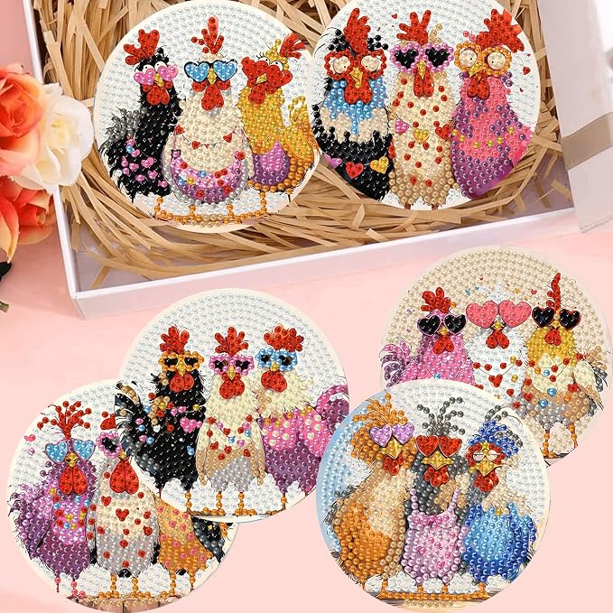 Zythron 8 Pack Diamond Art Coasters, Chicken Diamond Painting Coasters Kits |