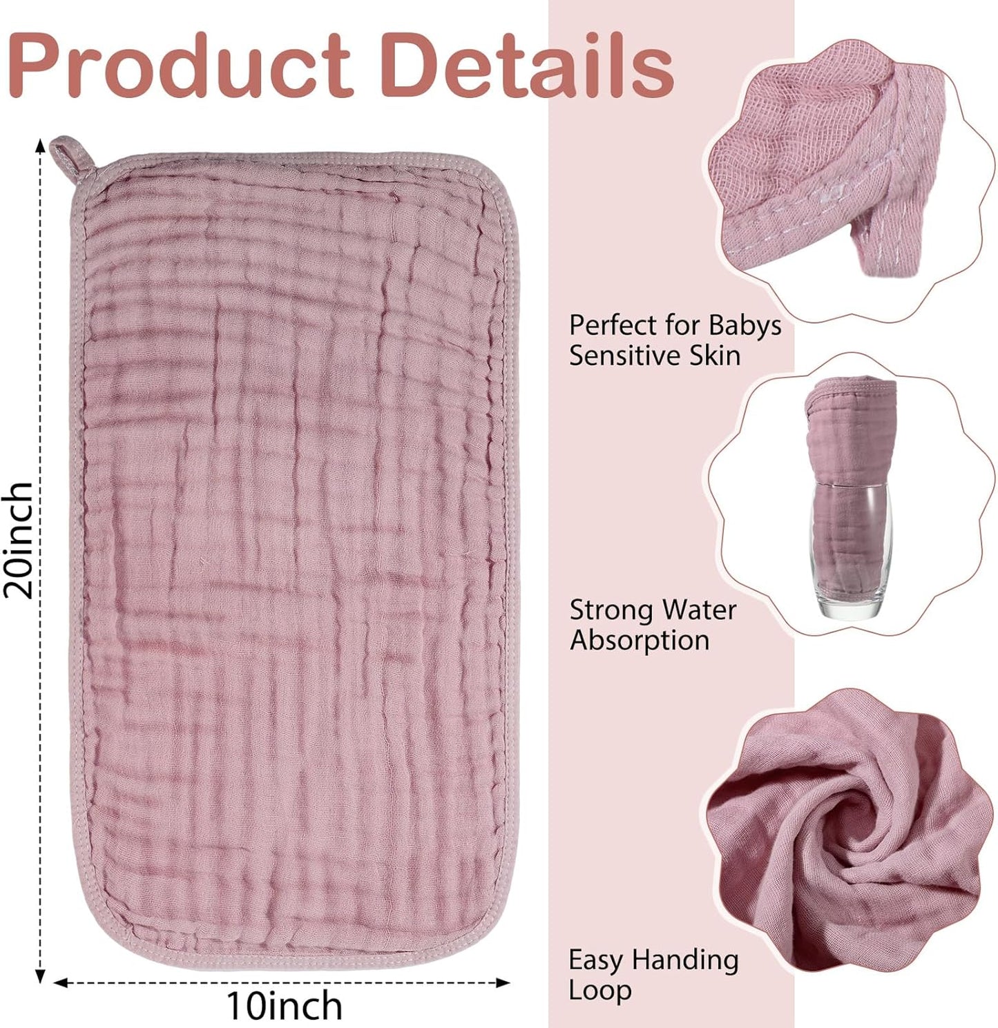 VitalCozy 6 Pcs Baby Muslin Hooded Bath Towels and Washcloths, 32 x 32 Inch Muslin Cotton Hooded Baby Towels Absorbent Hooded Blankets for Gift Newborn Infant Shower (Pink,Rose)