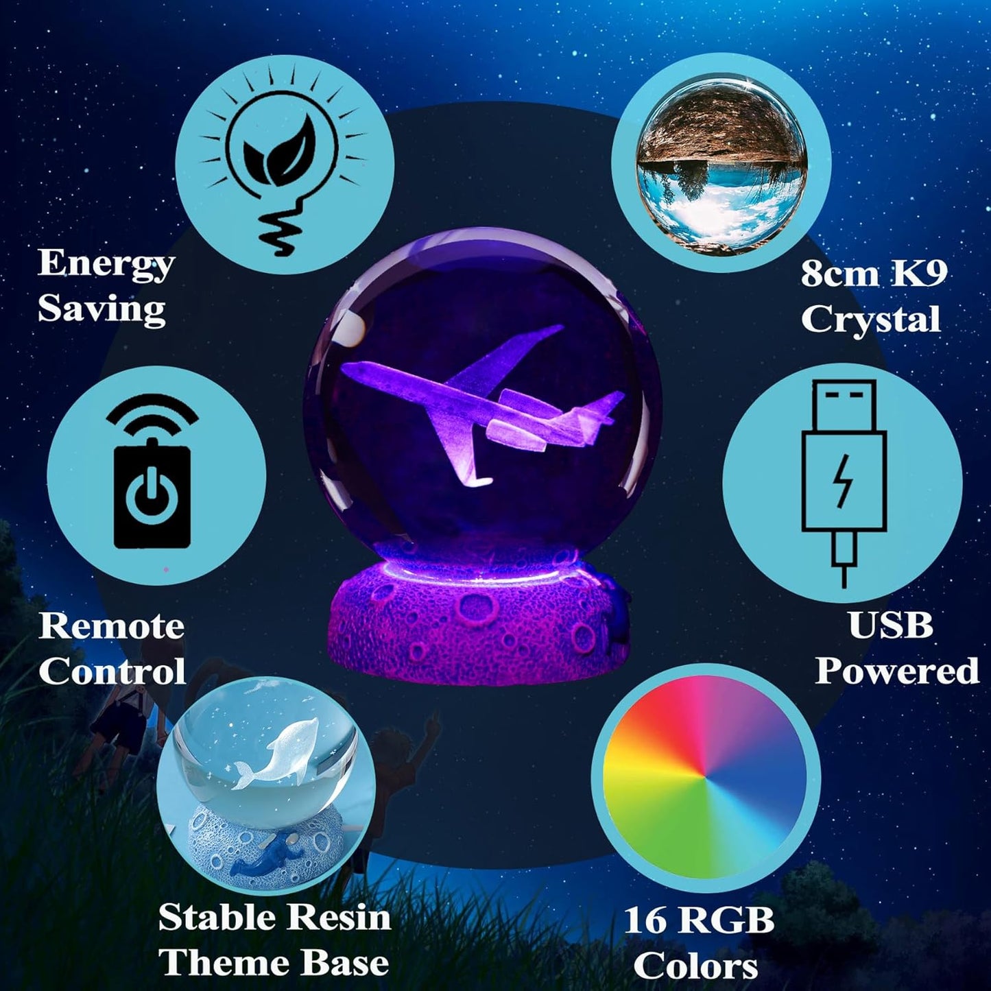 Planes Night Light, Aviation Gifts, 3D Crystal Ball 3.15 Inch (80mm) Airplane Night Light with Remote, Pilot Lamps with 16 Color for Birthday Xmas Cool Figurines Gifts for Room Decor Boys Girls