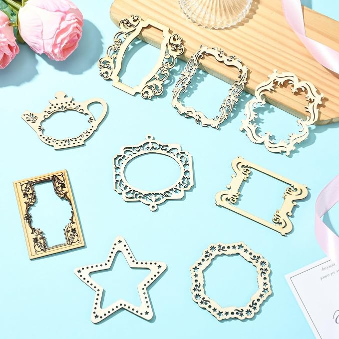 18 pcs 9 Styles Hollow Pyrography Theme Unfinished Blank Wood Cutout Charms