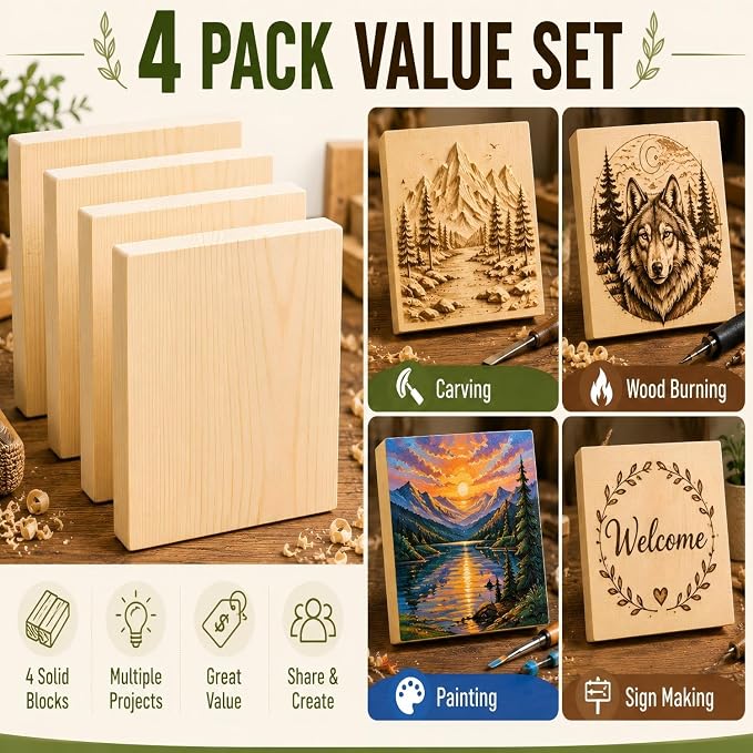 Unfinished Wood Blocks for Crafting, 4 Pack 6 x 6 x 1 Inch Solid Pine Wood