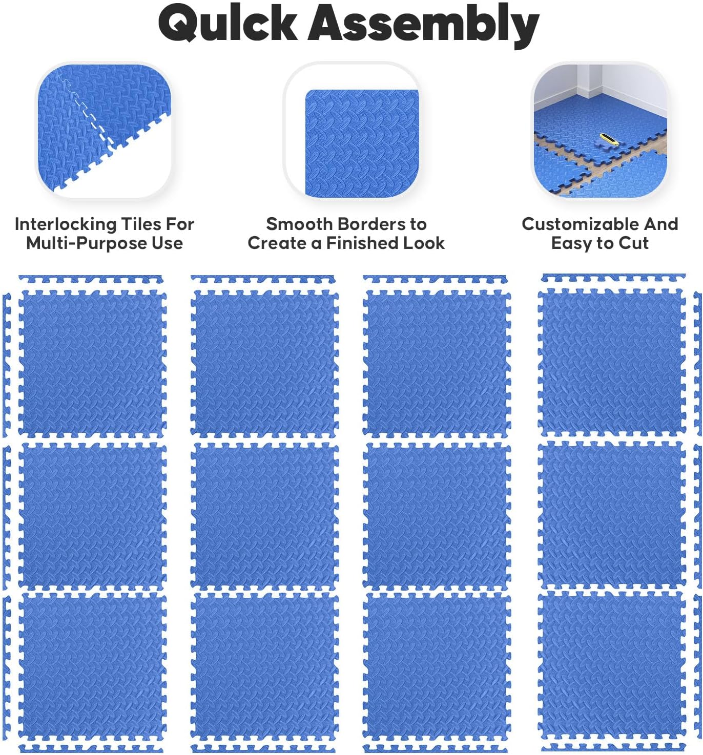 Home Gym Mat, Puzzle Exercise Mat, of EVA Interlocking Foam Floor Tiles for Home Workout Equipment and Kids' Play Areas - Blue, 24 in x 24 in x ½ in - 16 Tiles (Blue, 16 Pack 64 sq ft)