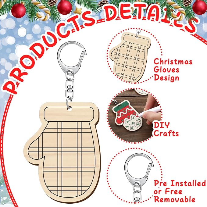 RattanView 24 Pcs Mitten Craft Color Your Own Keychains Diy Craft Wooden Blank