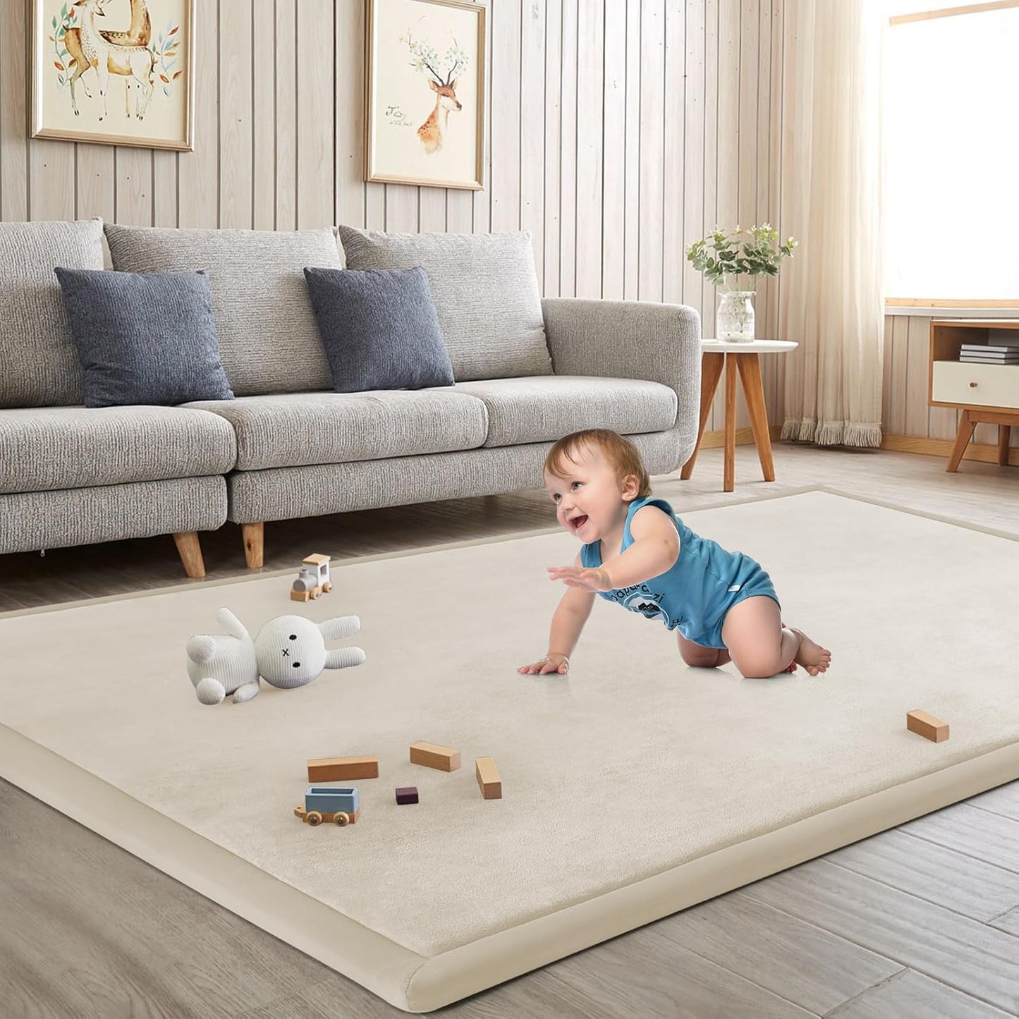 Baby Play Mat for Floor Tummy Time Mat Nursery Muscle Area Rug Playroom Rug Tatami 59"*71" Memory Foam 1.3" Thick Crawling For Babies,Toddlers, Infants, Kids,Floor(Beige)