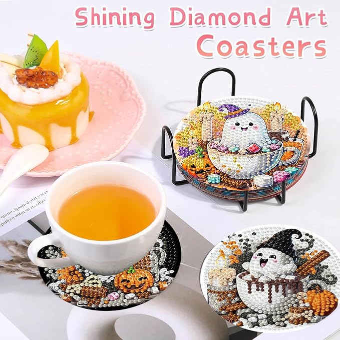 8 PCS Halloween Diamond Art Coasters Kits, Ghost Diamond Painting Coaster |