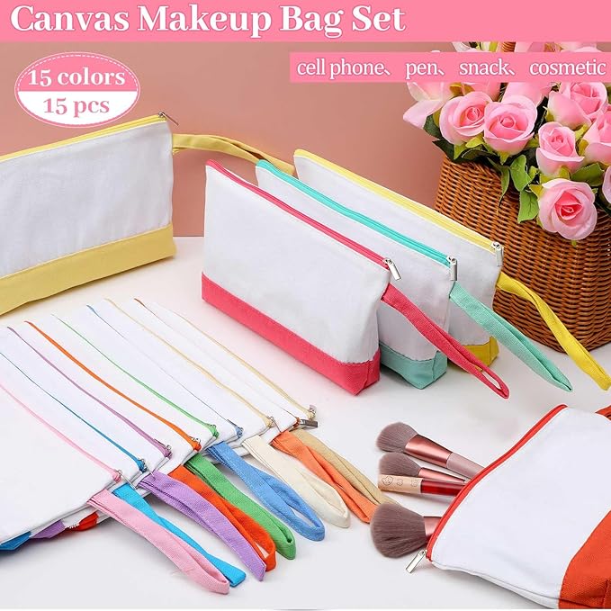 Silkfly 15 Pcs Cotton Canvas Makeup Bags Cosmetic Zipper Bags 10.2 x 5.5 x 2''