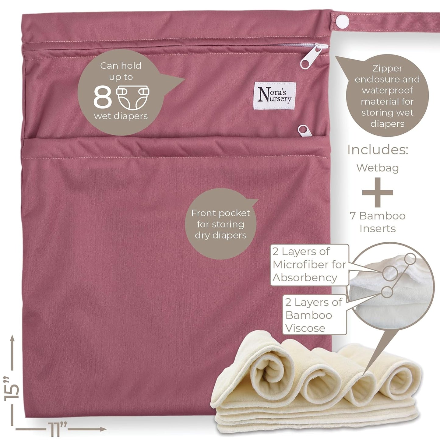Nora's Nursery Cloth Diapers 7 Pack with 7 Inserts & 1 Wet Bag - Waterproof Cover, Washable, Reusable & One Size Adjustable Pocket Diapers for Newborns and Toddlers - Ballet Slippers
