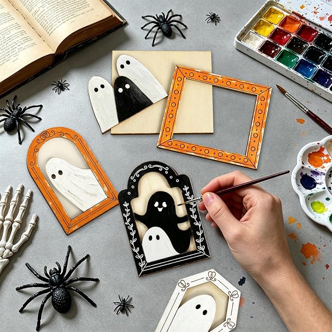 12 Sets Halloween Crafts Kit, Wood Ghost DIY Frames Decoration, Unfinished