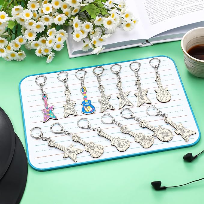 RattanView 24 Pcs Guitar Craft Color Your Own Keychains DIY Craft Wooden Blank