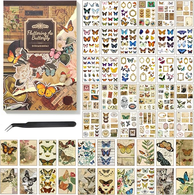 Butterfly Washi Sticker Book for Journaling, 30 Sheets 500+ Vintage Scrapbook
