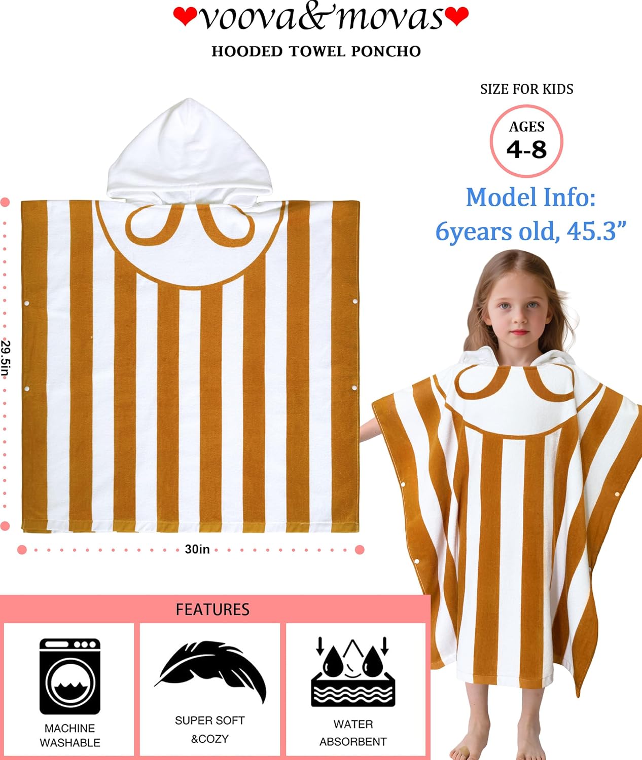 VOOVA & MOVAS Hooded Poncho Towel for Kids (4-8 Years,30"X30") | Soft Absorbent Cotton Towel Robe for Boys & Girls | Versatile Beach, Pool, Swim & Bath Cover-Up | Brown Stripe