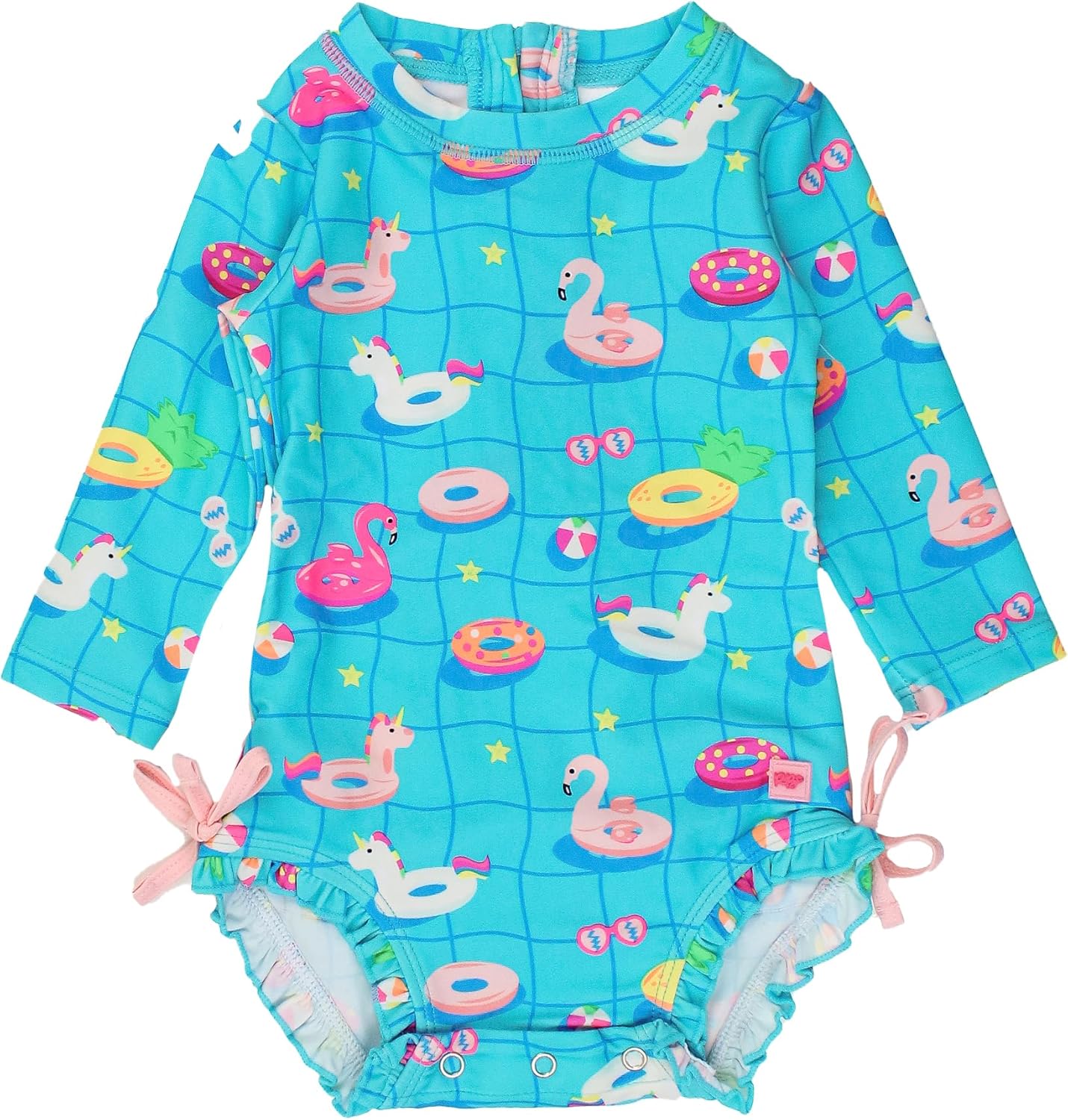 RuffleButts Baby Girls UPF 50+ Sun Protection Novelty Print Long Sleeve One Piece Rash Guard Swimsuit with Zipper