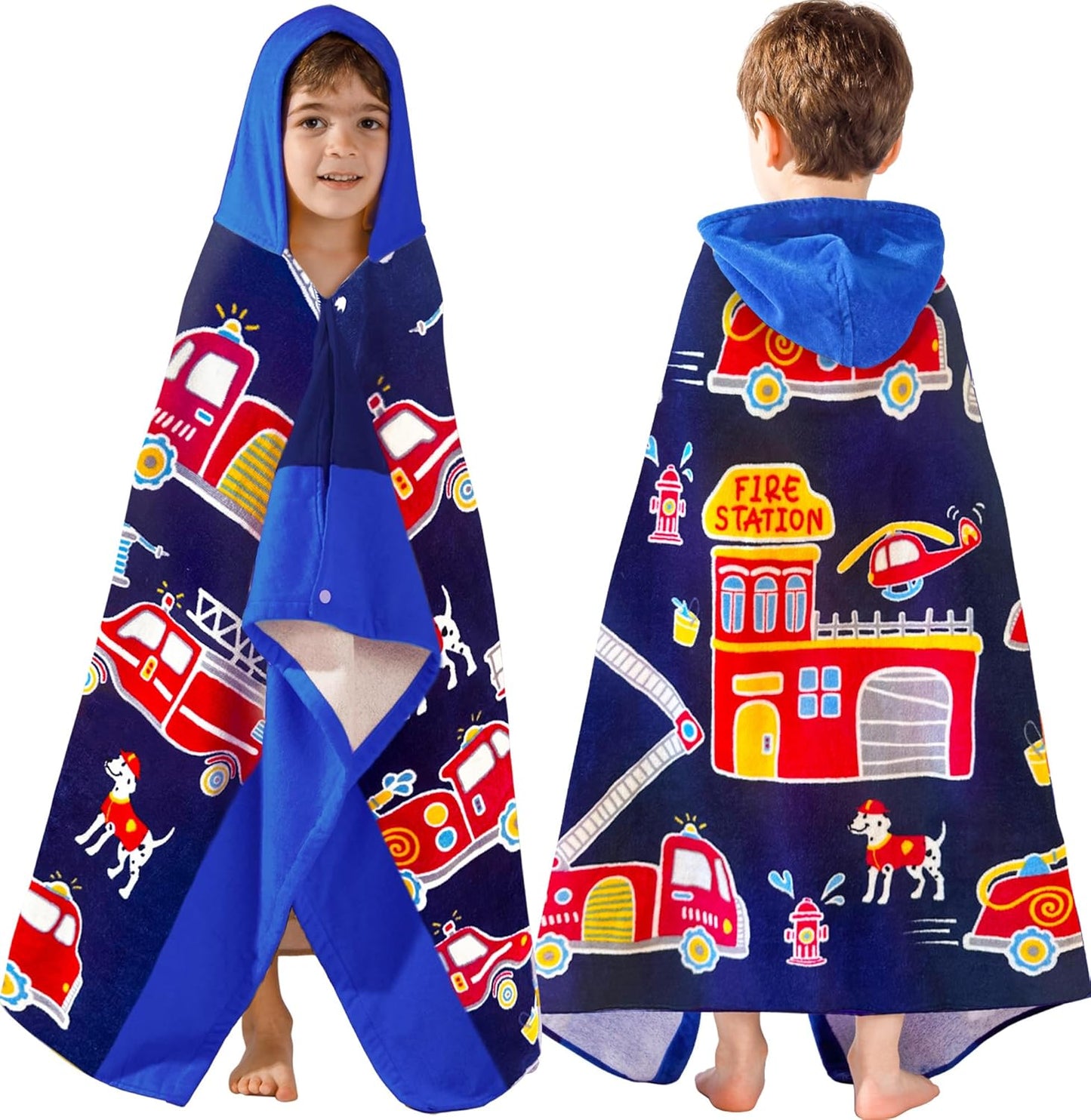 VOOVA & MOVAS Kids Bath Towels Age 3-10, 30''X50, Soft | Thick | 100% Cotton, Beach | Pool | Bath | Swim Towels | Cover Up for Boys, Blue Fire Truck Theme