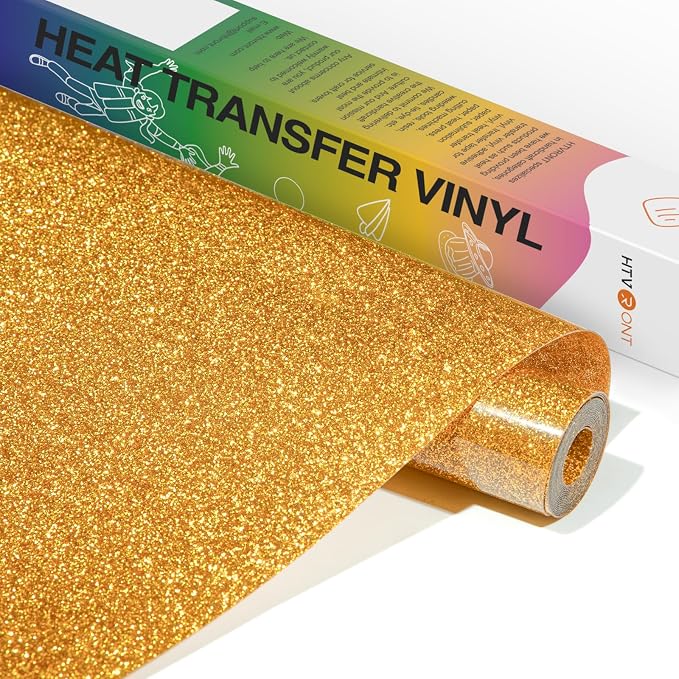 HTVRONT Gold Glitter HTV Vinyl- 10” x 5ft Gold Glitter Iron On Vinyl | Gold