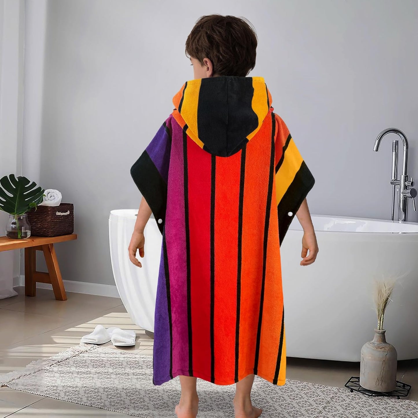 VOOVA & MOVAS Hooded Poncho Towels for Big Kids - (6-12Years), Absorbent Soft 100% Cotton Beach | Bath | Pool Swim Towel with Hood for Boys | Girls - Stripe