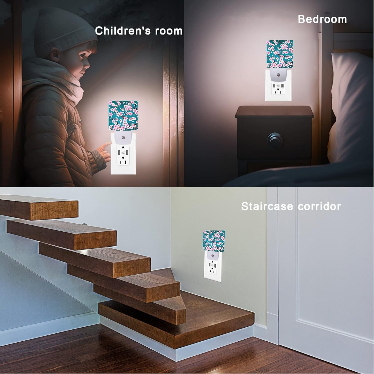 Spring Flowers Night Light,Cherry Blossom Night Lights Plug into Wall Dusk to Dawn Sensor Led Lamp for Women Men,Led Lights for Stairway/Hallway/Bedroom