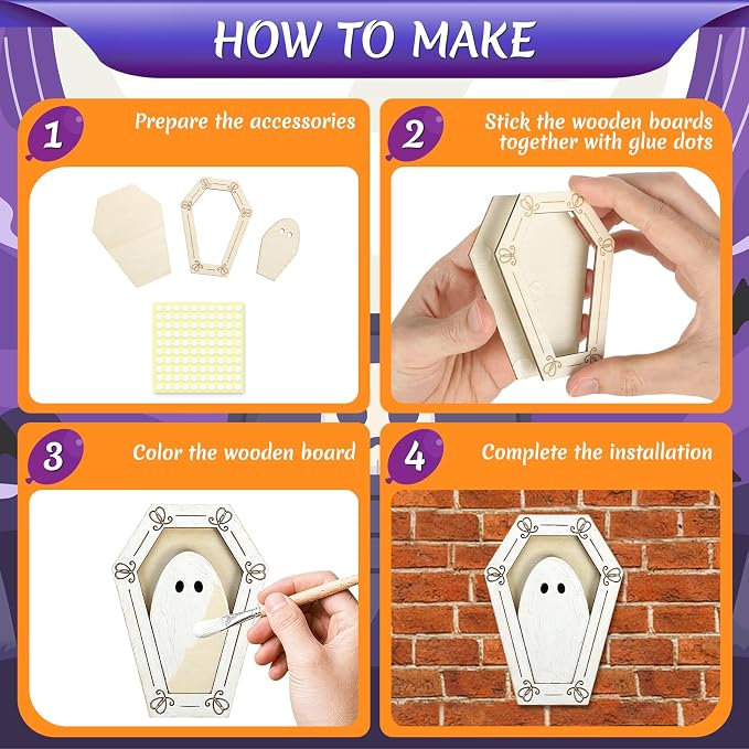 12 Sets Halloween Crafts Kit, Wood Ghost DIY Frames Decoration, Unfinished