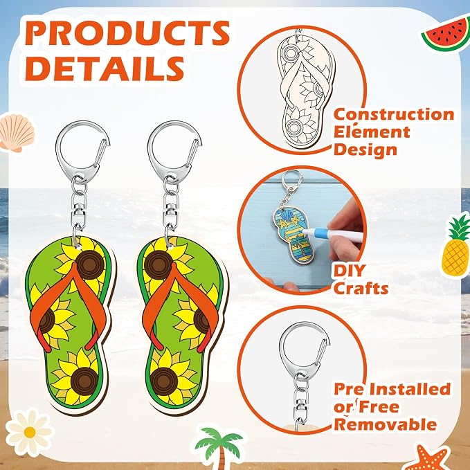 RattanView 24 Pcs Flip Flop Slipper Craft Color Your Own Keychains DIY Craft