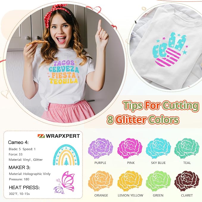 WRAPXPERT Neon Glitter HTV Heat Transfer Vinyl Bundle, 8 Packs Glitter Iron on