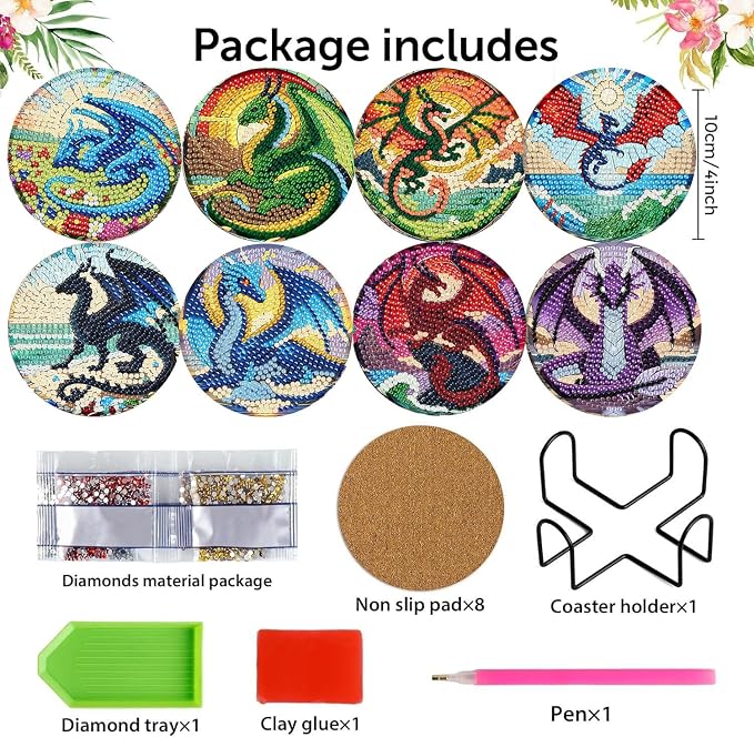 Zythron 8 Pack Diamond Art Coasters, Dragon Diamond Painting Coasters Kits |