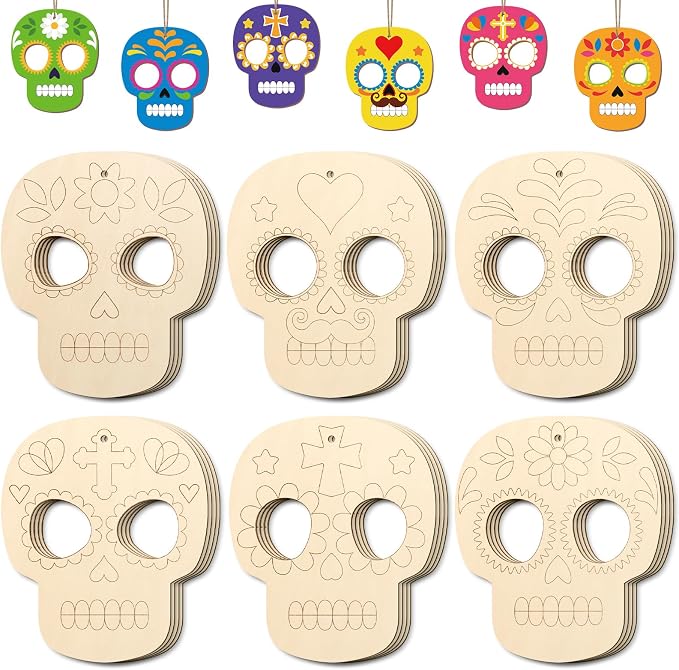 COCHIE Day of the Dead Skull Wood Crafts to Paint Set of 24, Día De Los Muertos