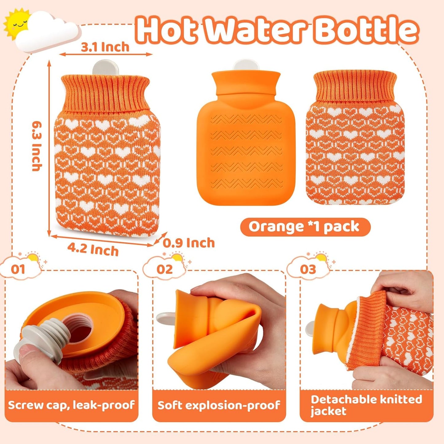 Amylove Mini Hot Water Bottle 320ml for Hot & Cold Compress with Cover Silicone Microwave Heating Small Water Bag for Travel Pain Relief Holiday Gifts(Orange)