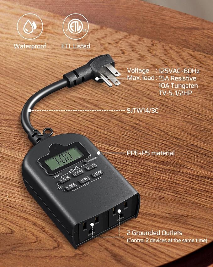 DEWENWILS Outdoor Timer Outlet Waterproof, Outdoor Digital Timer for Lights, Programmable with 2 Grounded Outlets, for Home and Garden, Halloween, 15A, 1/2HP, Heavy Duty, ETL Listed