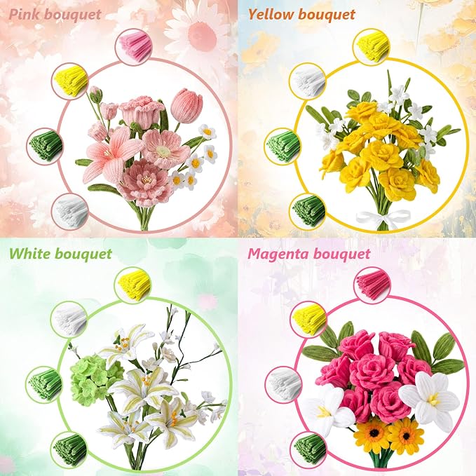 Cwczhi 600 PCS Pipe Cleaners Craft, 9 Assorted Colors Pink Pipe Cleaner Flower
