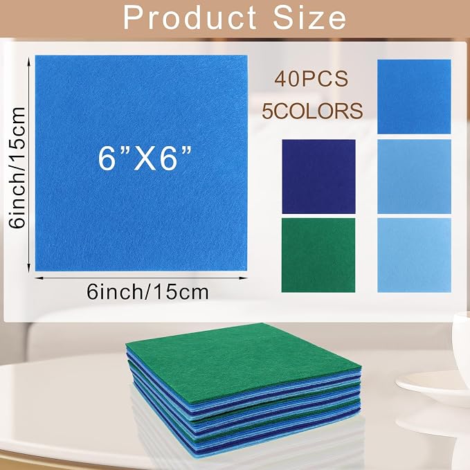 40 Pcs Stiff Felt Fabric Sheet for Crafts, 1mm Thick and 6”x6”Blue Series Felt