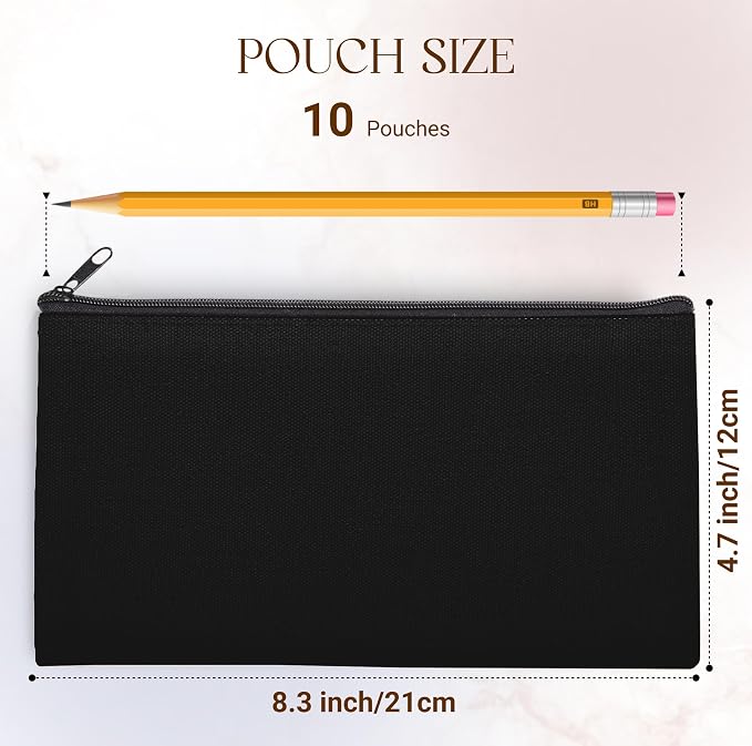 10 PCs 8.3x4.7 Black canvas Zipper Pouch, Makeup Bags Bulk Pencil Pouch