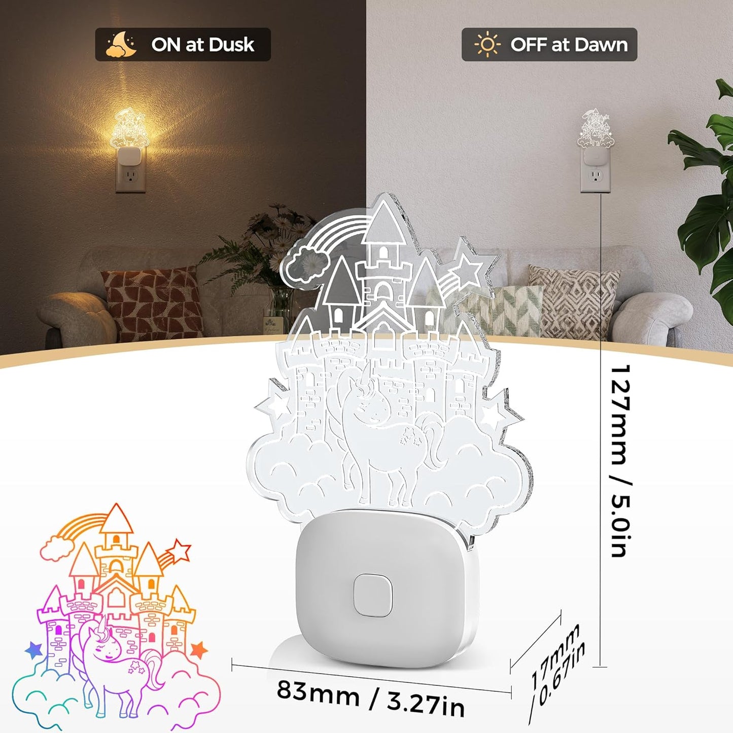 DORESshop Cute Night Light for Kids [2 Pack], Night Lights Plug Into Wall, Acrylic Carved Castle 8 Color Changing Baby NightLight with Dusk to Dawn Sensor, LED Night Lights for Children Girls Bedroom