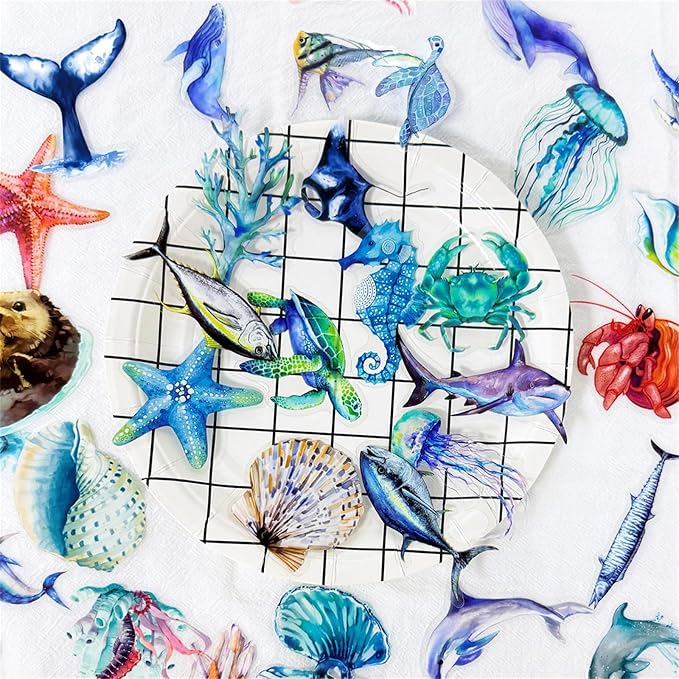 50PCS Marine Animal Stickers PET Transparent Stickers Starfish, Sea Turtles