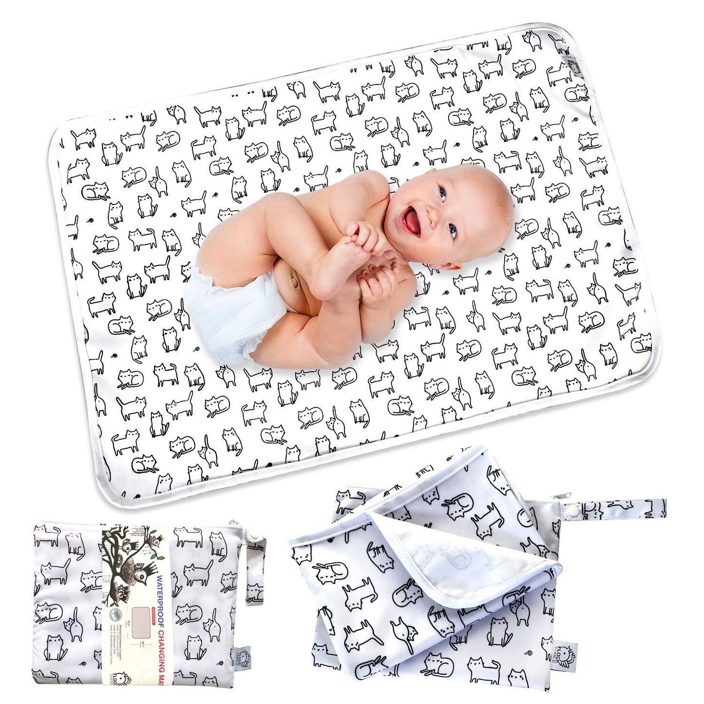 Flock Three Waterproof Baby Diaper Changing Pad with Storage Bag (28.7" X 19.7") Washable Wipeable Reusable Leak Proof Diaper Travel Mat Station Changing Mattress Liner Cribs Bed Cover, Cats