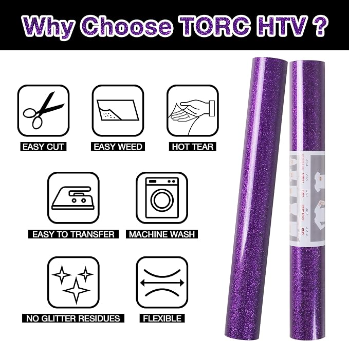 TORC Purple Glitter HTV Heat Transfer Vinyl Roll 12 inch x 10 ft Iron on Vinyl