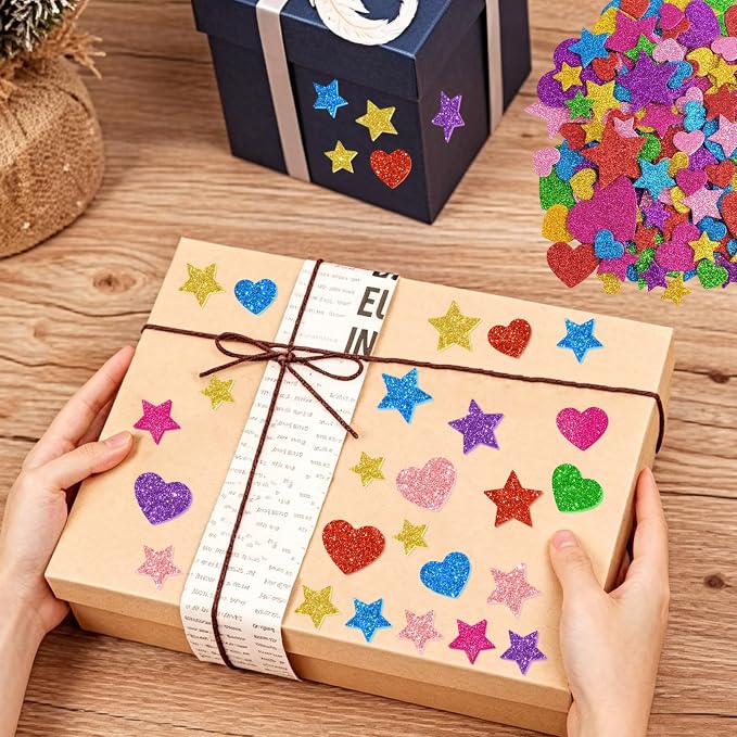 987 Pcs Glitter Foam Stickers, Heart & Star Shapes Stickers, 7 Sheets Colorful