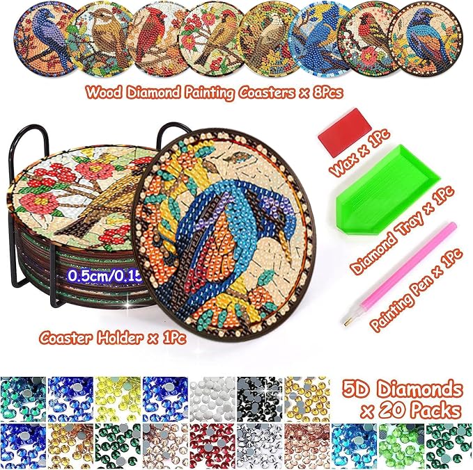 Axquilon 8 Pcs Birds Diamond Art Coasters Kit