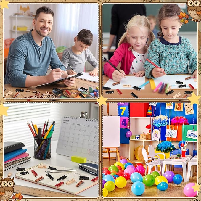 LemonRoad 60 Pcs Push Pin with Wooden Clips Teacher Cork Board Artworks