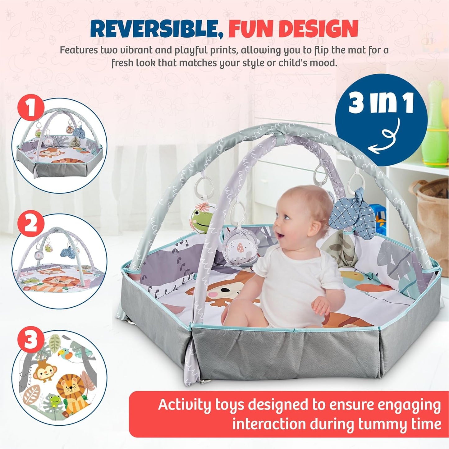 Henry & Colin Baby Activity Play Gym Mat with Hanging Toys, Soft Padded Mat, Sensory Development Play Area for Newborns and Infants, Convertible Play Center for Tummy Time and Fun Learning (Blue)