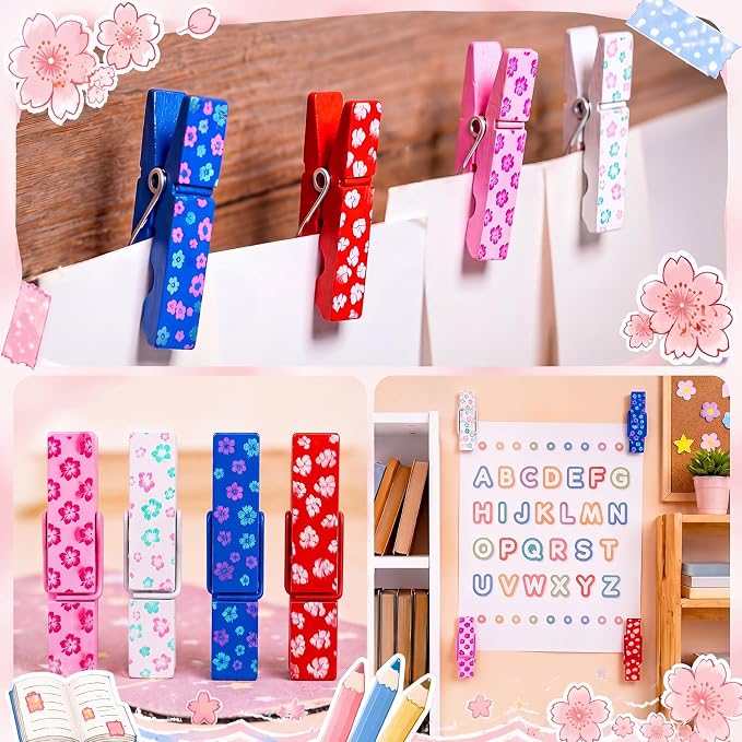 LemonRoad 60 Pcs Push Pin with Wooden Clips Teacher Cork Board Artworks